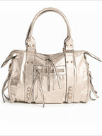 BROCK BAGSTORY metallic silver faux leather A4 tote bag with zip pockets and sturdy handles for laptop storage