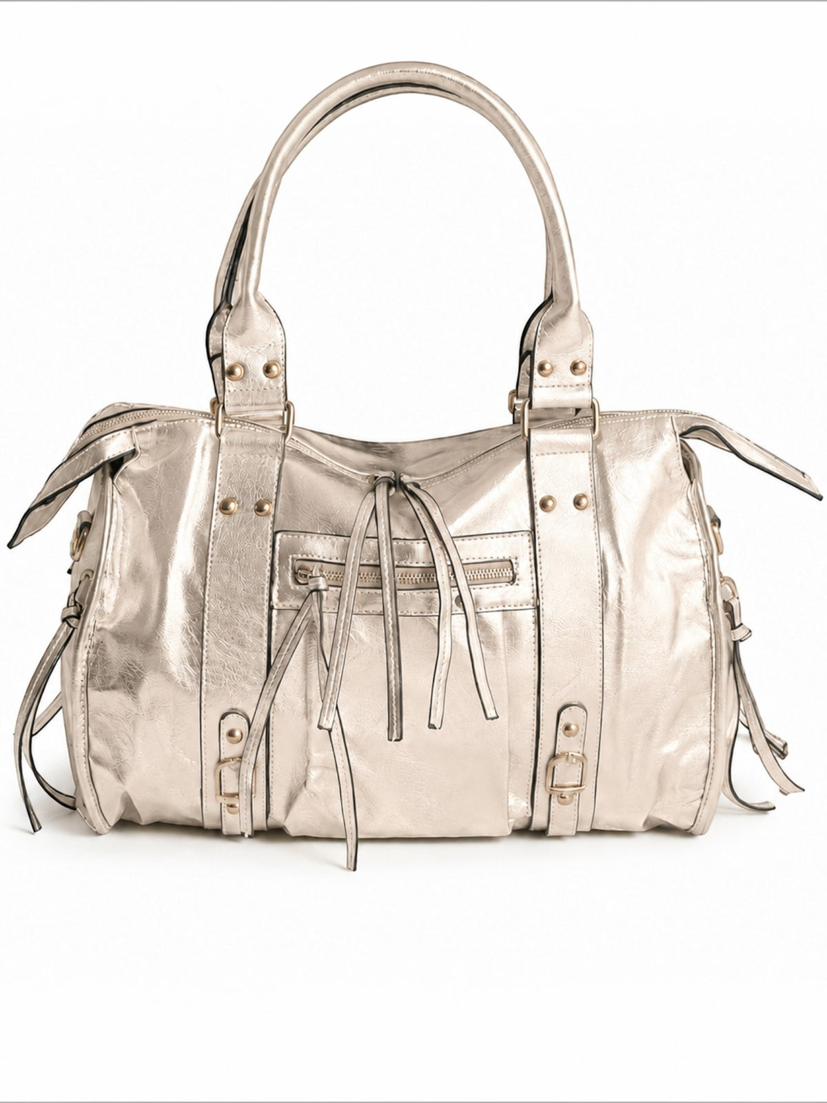 BROCK BAGSTORY metallic silver faux leather A4 tote bag with zip pockets and sturdy handles for laptop storage