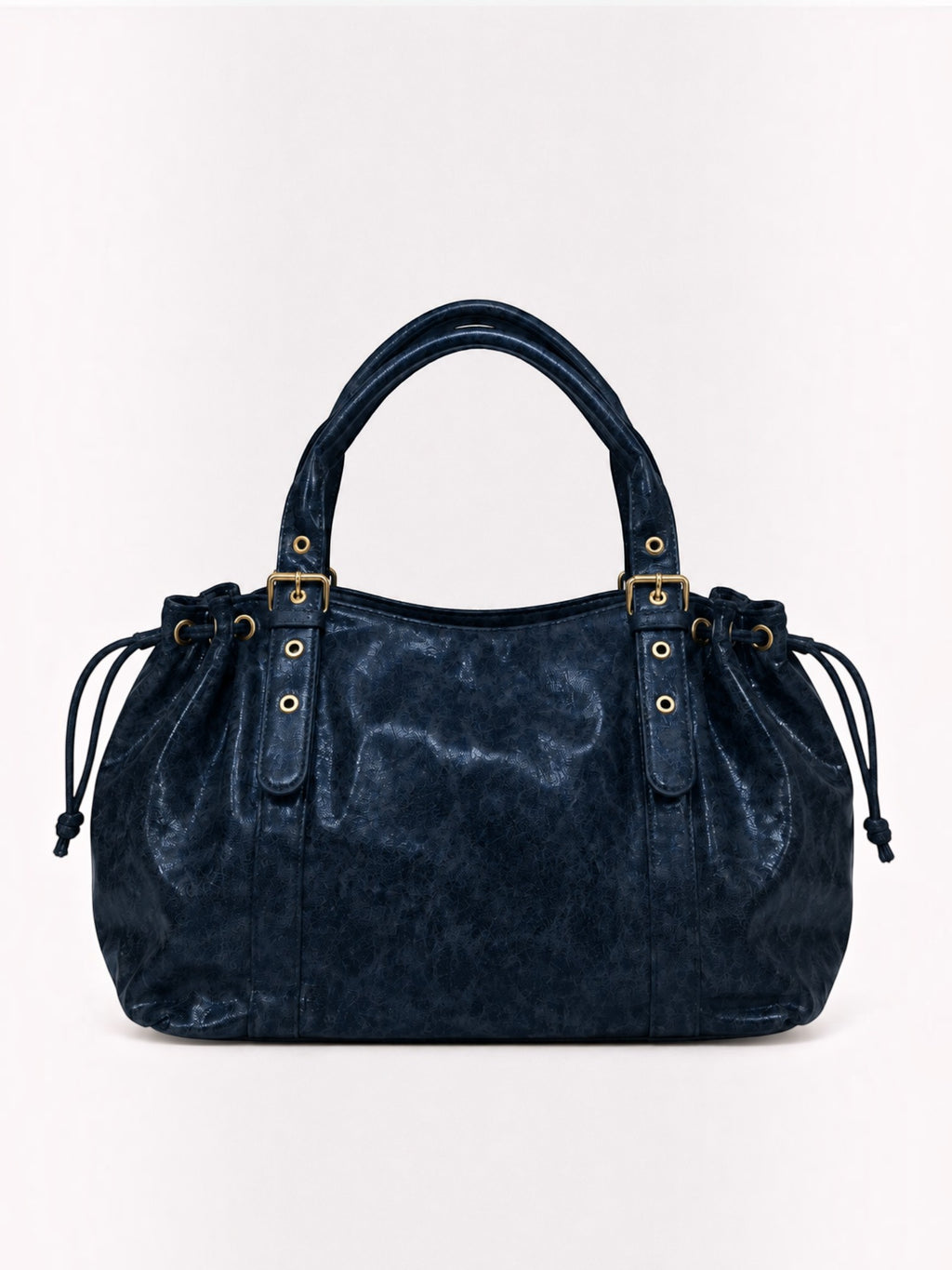 BROCK BAGSTORY XXL navy blue faux leather handbag with gold buckle details and drawstring sides