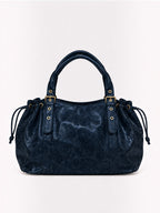 BROCK BAGSTORY XXL navy blue faux leather handbag with gold buckle details and drawstring sides
