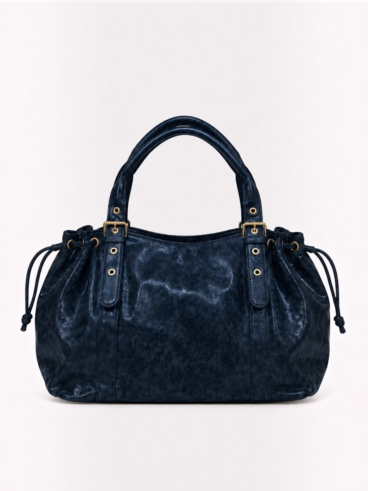BROCK BAGSTORY XXL navy blue faux leather handbag with gold buckle details and drawstring sides