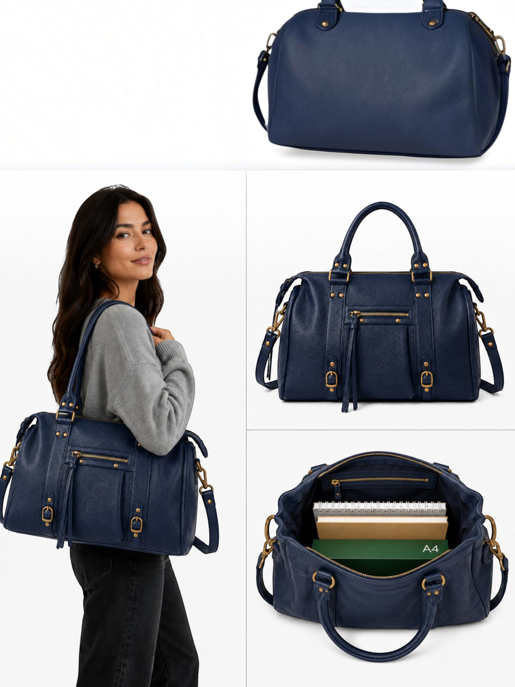 BROCK BAGSTORY navy blue faux leather tote bag with gold hardware, A4 capacity, and shoulder straps on a model.