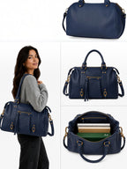 BROCK BAGSTORY navy blue faux leather tote bag with gold hardware, A4 capacity, and shoulder straps on a model.