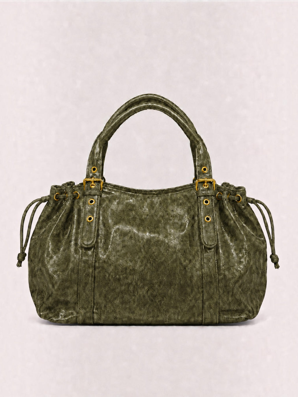 BROCK BAGSTORY XXL olive green faux leather handbag with drawstring details and gold-tone hardware