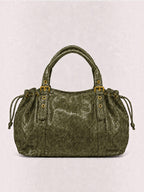 BROCK BAGSTORY XXL olive green faux leather handbag with drawstring details and gold-tone hardware