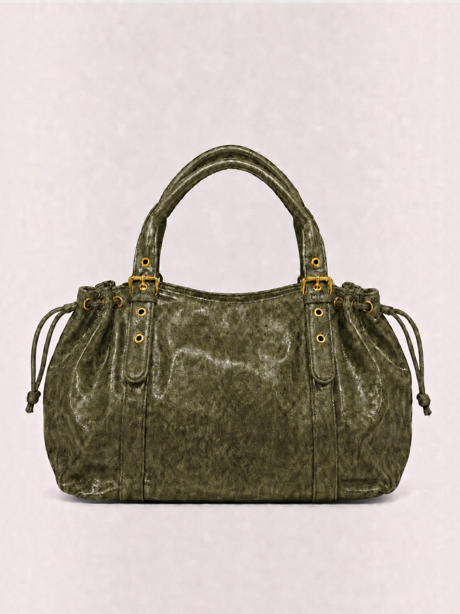 BROCK BAGSTORY XXL olive green faux leather handbag with drawstring details and gold-tone hardware