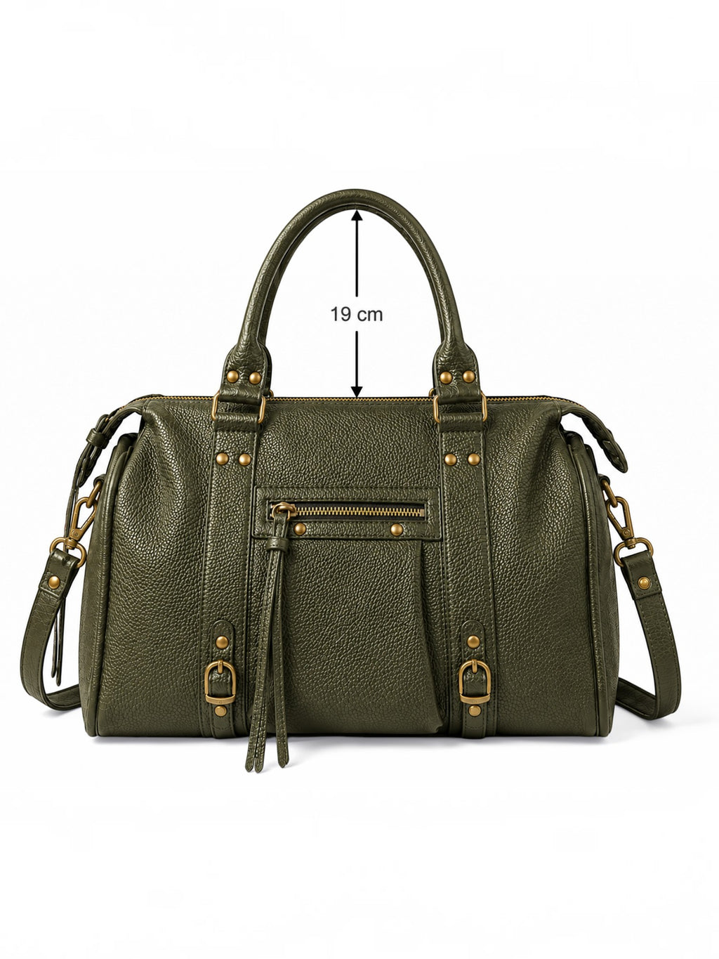 BROCK BAGSTORY olive green faux leather satchel with gold hardware, front zip pocket, and dual shoulder straps