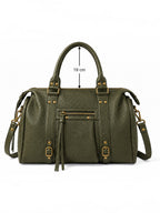 BROCK BAGSTORY olive green faux leather satchel with gold hardware, front zip pocket, and dual shoulder straps