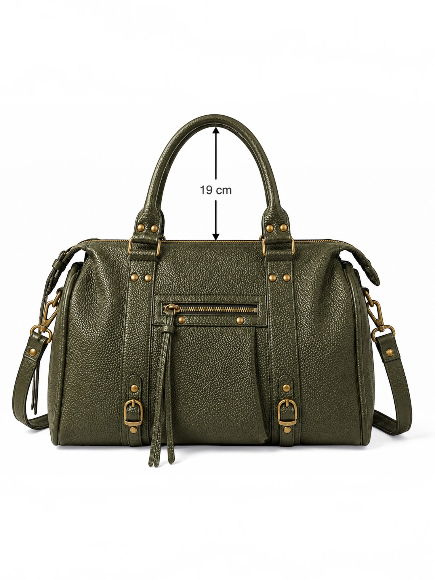 BROCK BAGSTORY olive green faux leather satchel with gold hardware, front zip pocket, and dual shoulder straps