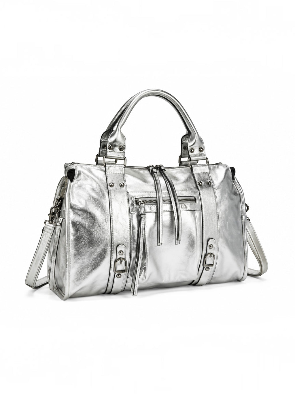 BROCK BAGSTORY metallic silver faux leather A4 tote bag with zip pockets and sturdy handles for laptop storage