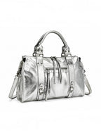 BROCK BAGSTORY metallic silver faux leather A4 tote bag with zip pockets and sturdy handles for laptop storage