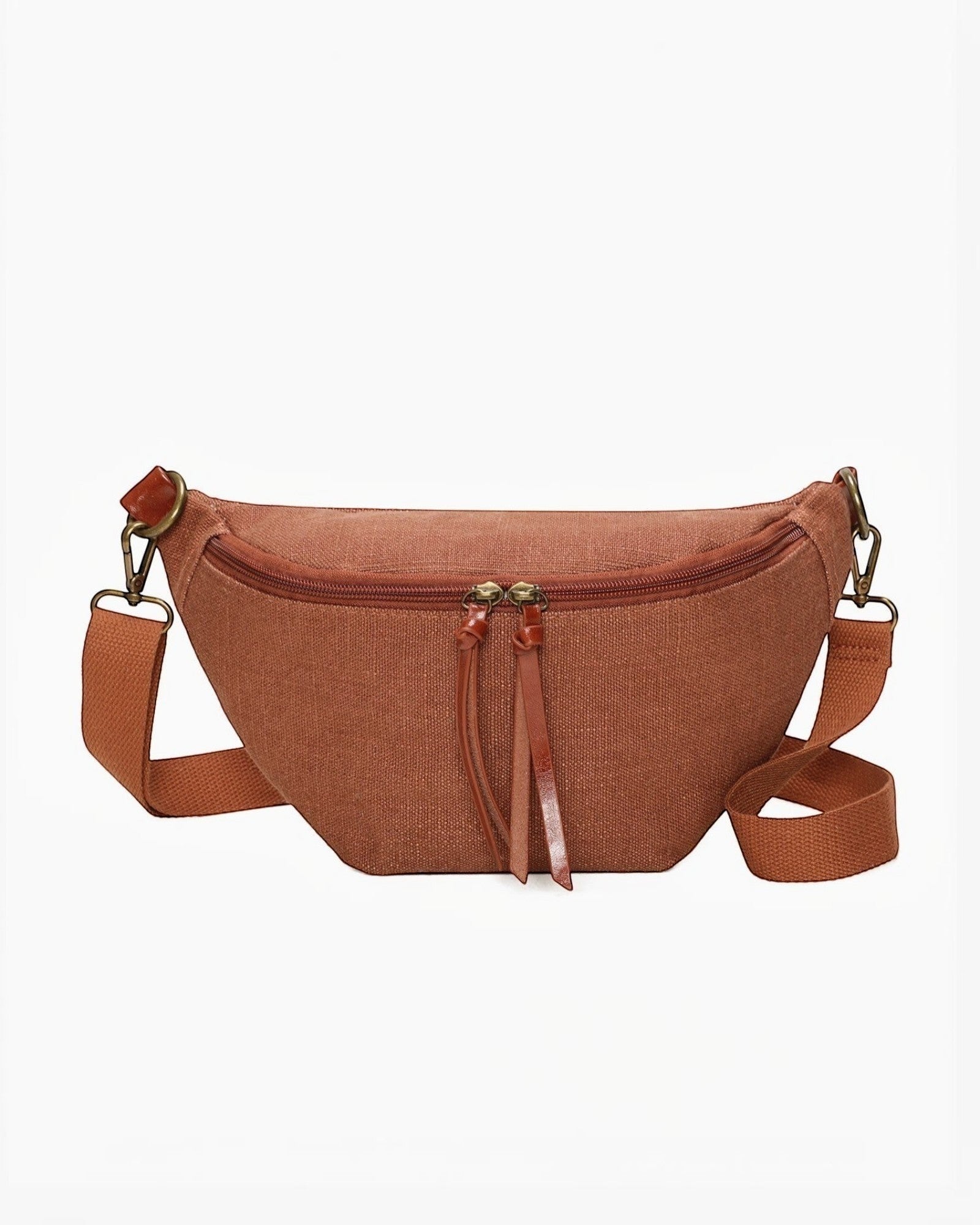 Banane INES DELAURE en toile et PU marron, zippée, avec poche intérieure et extérieure, idéale pour un usage quotidien.