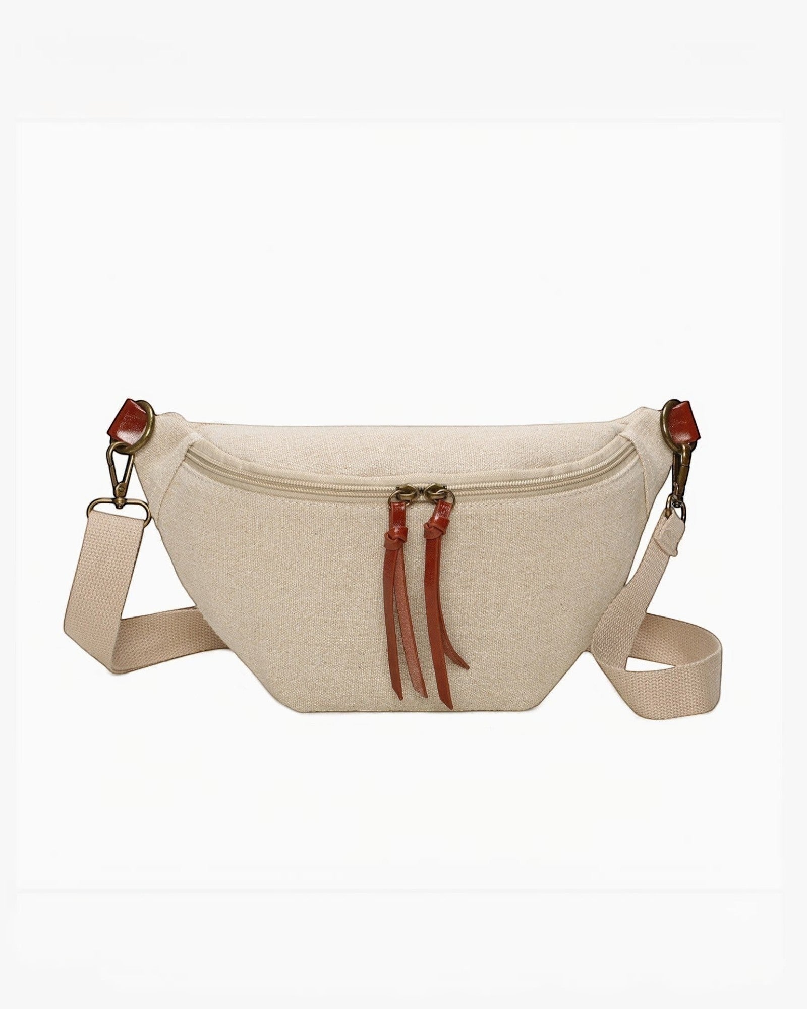 Banane INES DELAURE en toile beige et PU marron, avec deux poches zippées et détails en cuir.