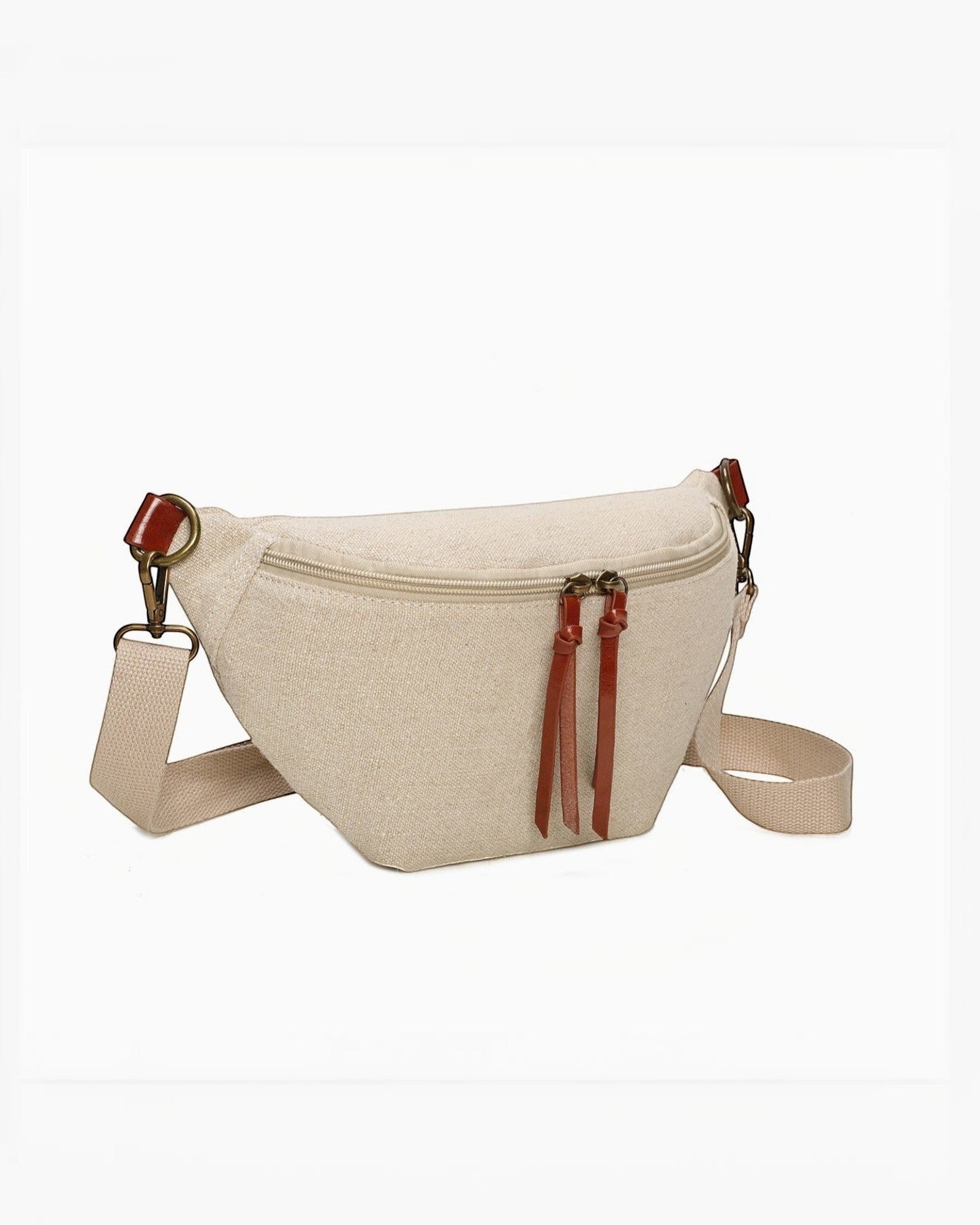 Banane INES DELAURE en toile beige et PU marron, zippée avec détails en cuir, idéale pour un usage quotidien.