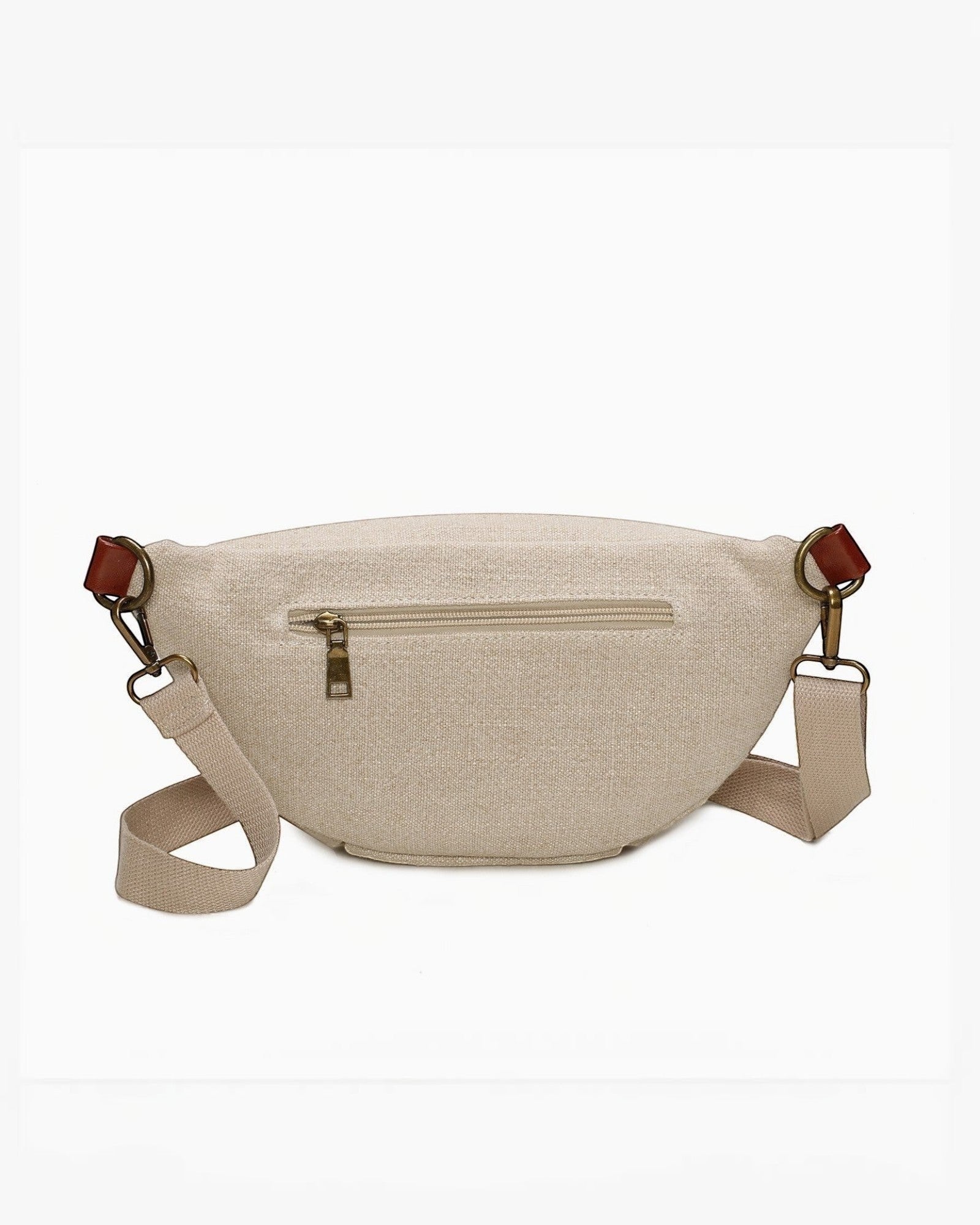 Banane INES DELAURE en toile beige et PU marron, avec poche zippée arrière et bandoulière réglable. Marque BROCK.