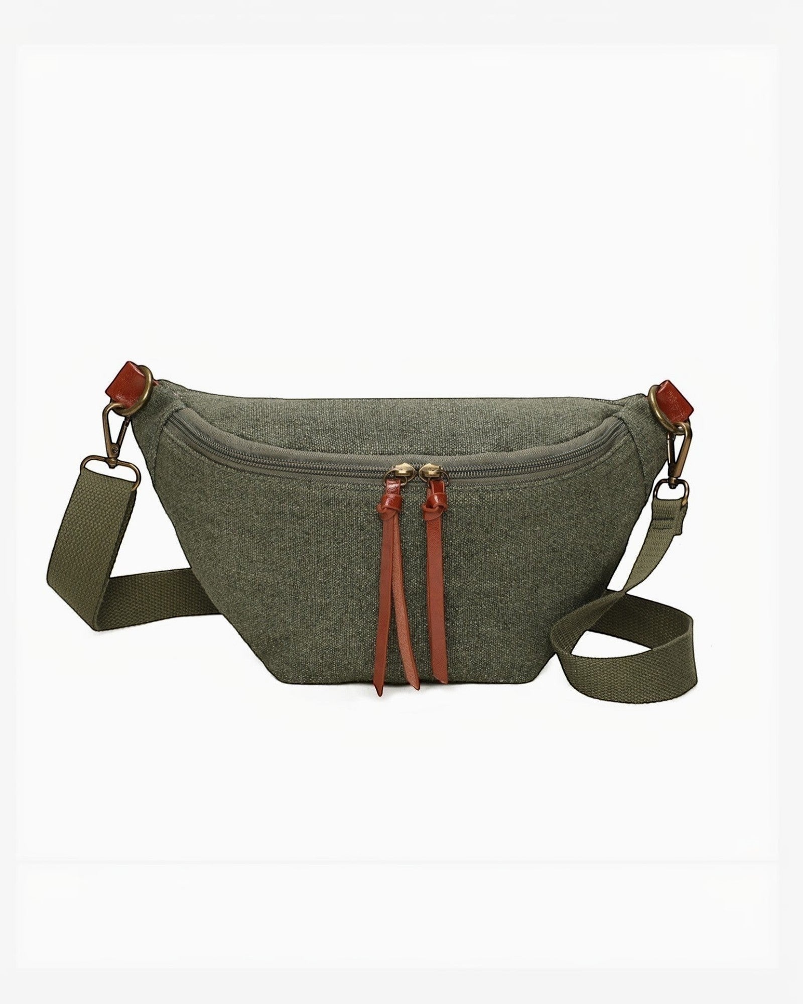 Banane verte en toile et PU de la marque INES DELAURE, avec deux poches zippées et des détails en cuir.