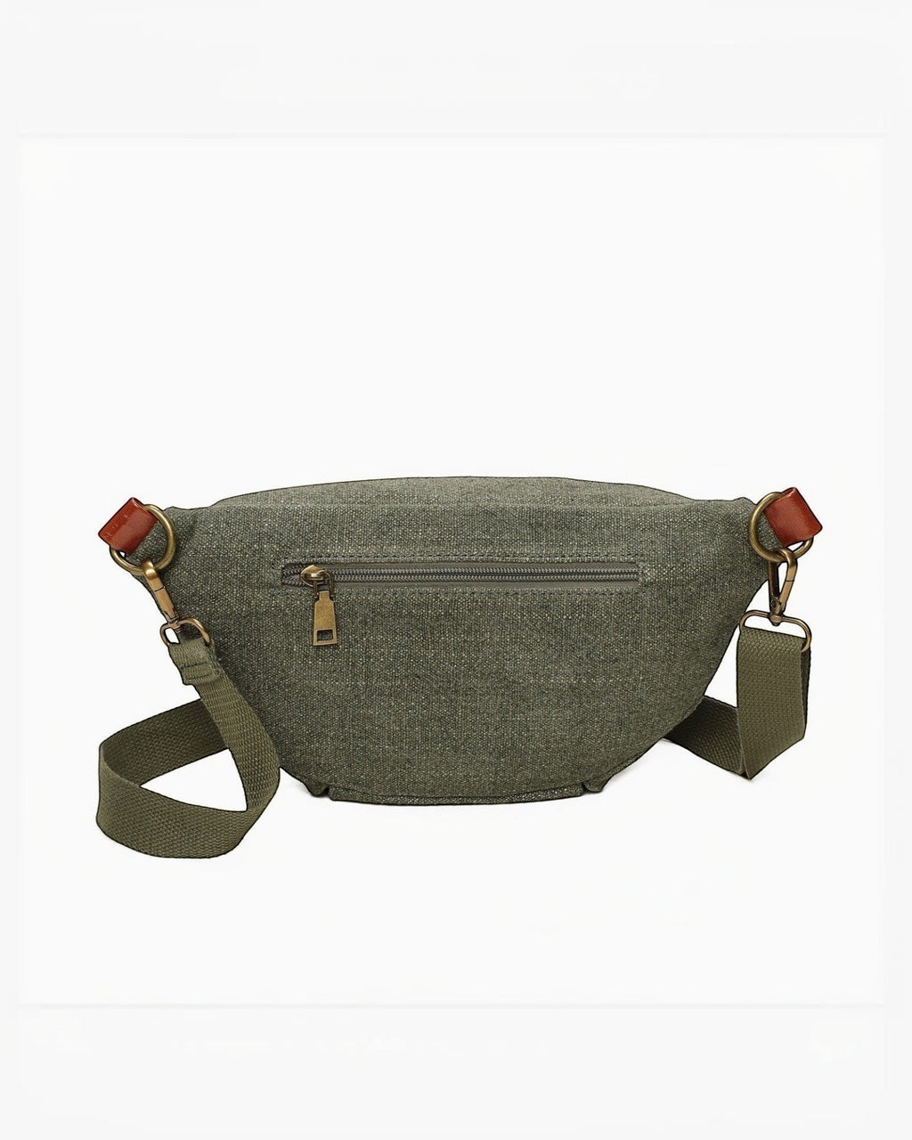 Banane zippée BROCK en toile et PU vert kaki, avec poche arrière zippée et détails en cuir marron.