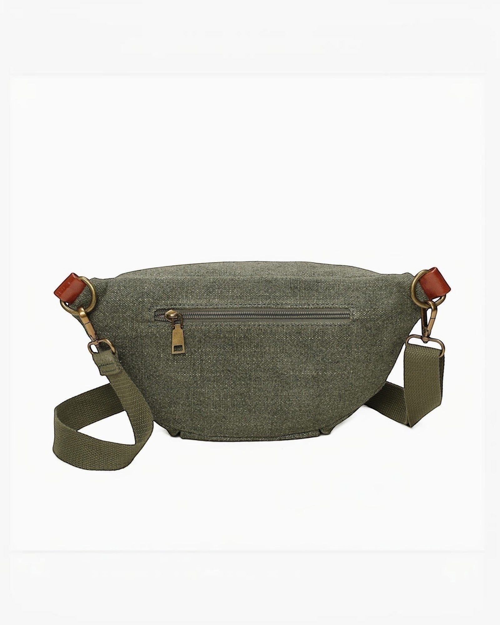 Banane zippée BROCK en toile et PU vert kaki, avec poche arrière zippée et détails en cuir marron.
