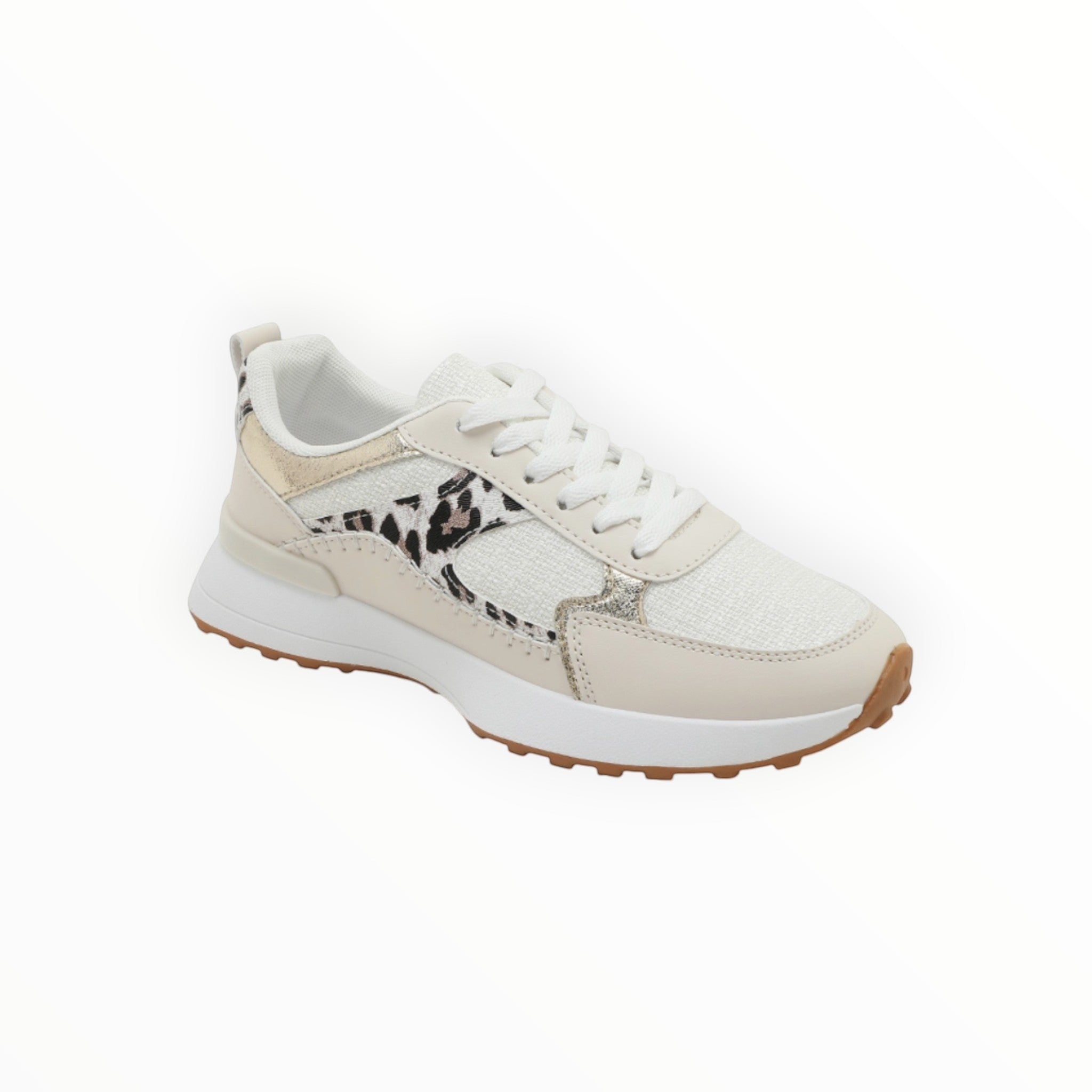 BROCK baskets tendance en cuir beige et tissu blanc avec imprimé léopard et détails dorés