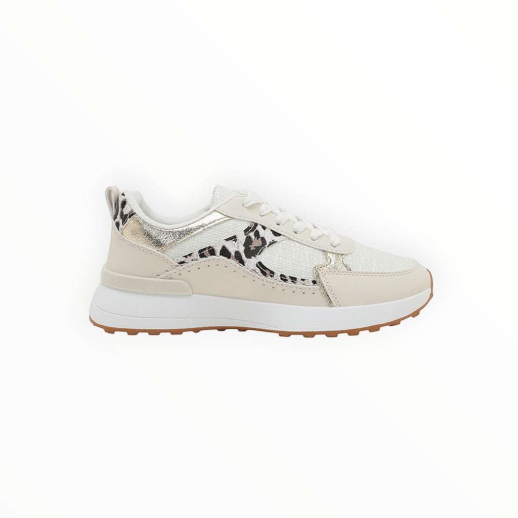 BROCK baskets tendance en cuir et tissu blanc avec imprimé léopard et détails dorés