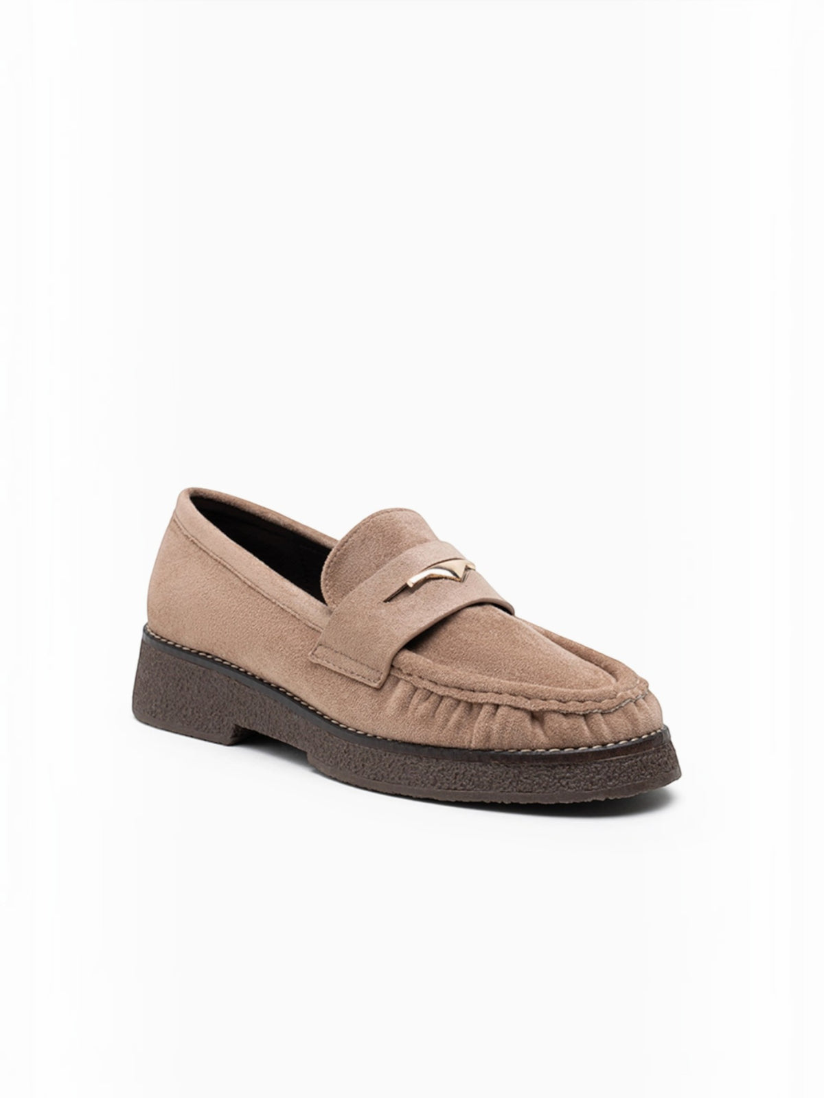 BROCK LADY GLORY beige faux suede loafers with a gathered front, gold metallic detail, and a low block heel.