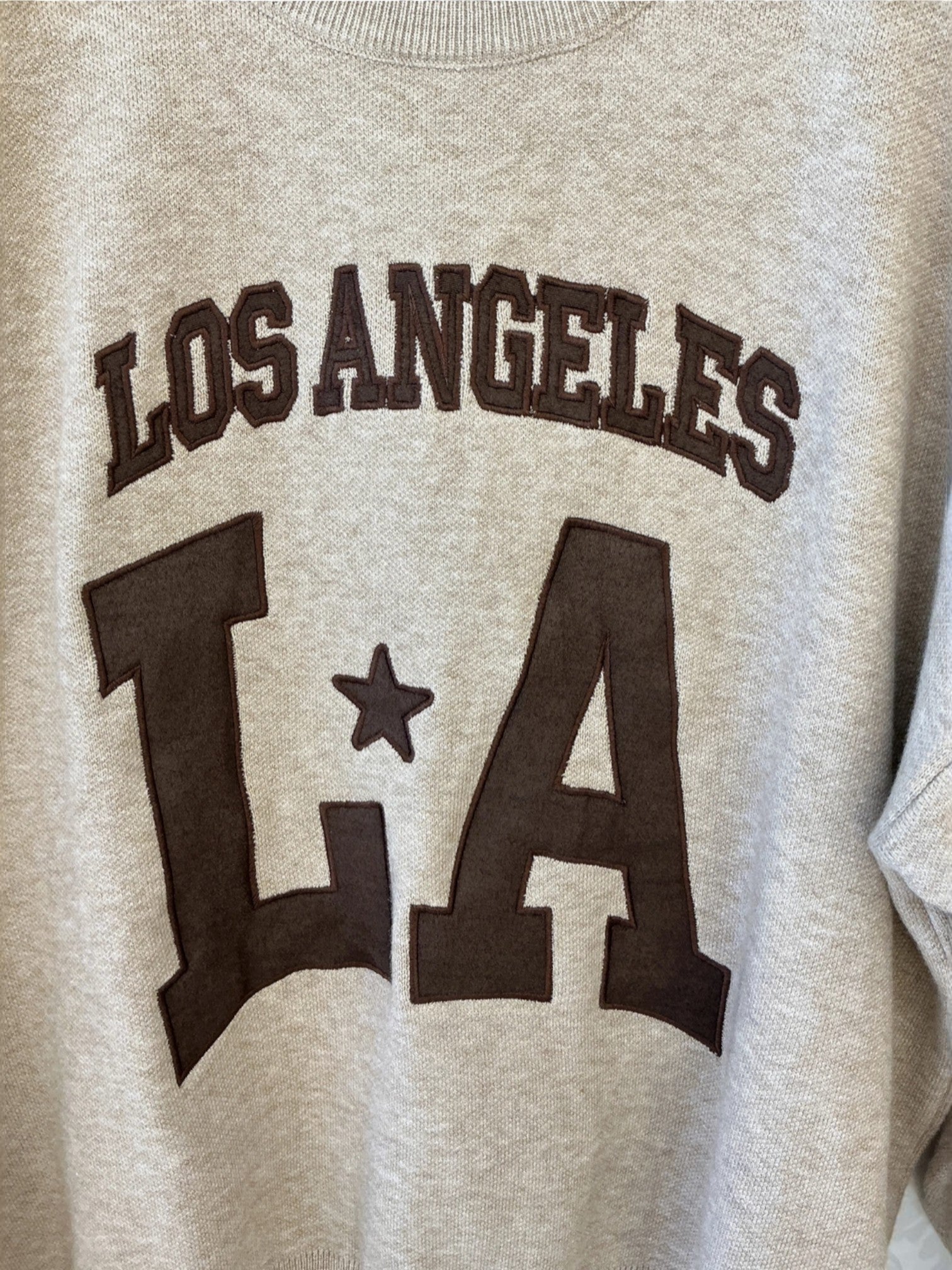 BROCK beige cotton knit sweater with brown Los Angeles LA relief lettering and round neck