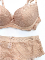 BROCK BELLE COM'ELLE beige lace lingerie set featuring a B-cup bra and matching panty with delicate bow details.