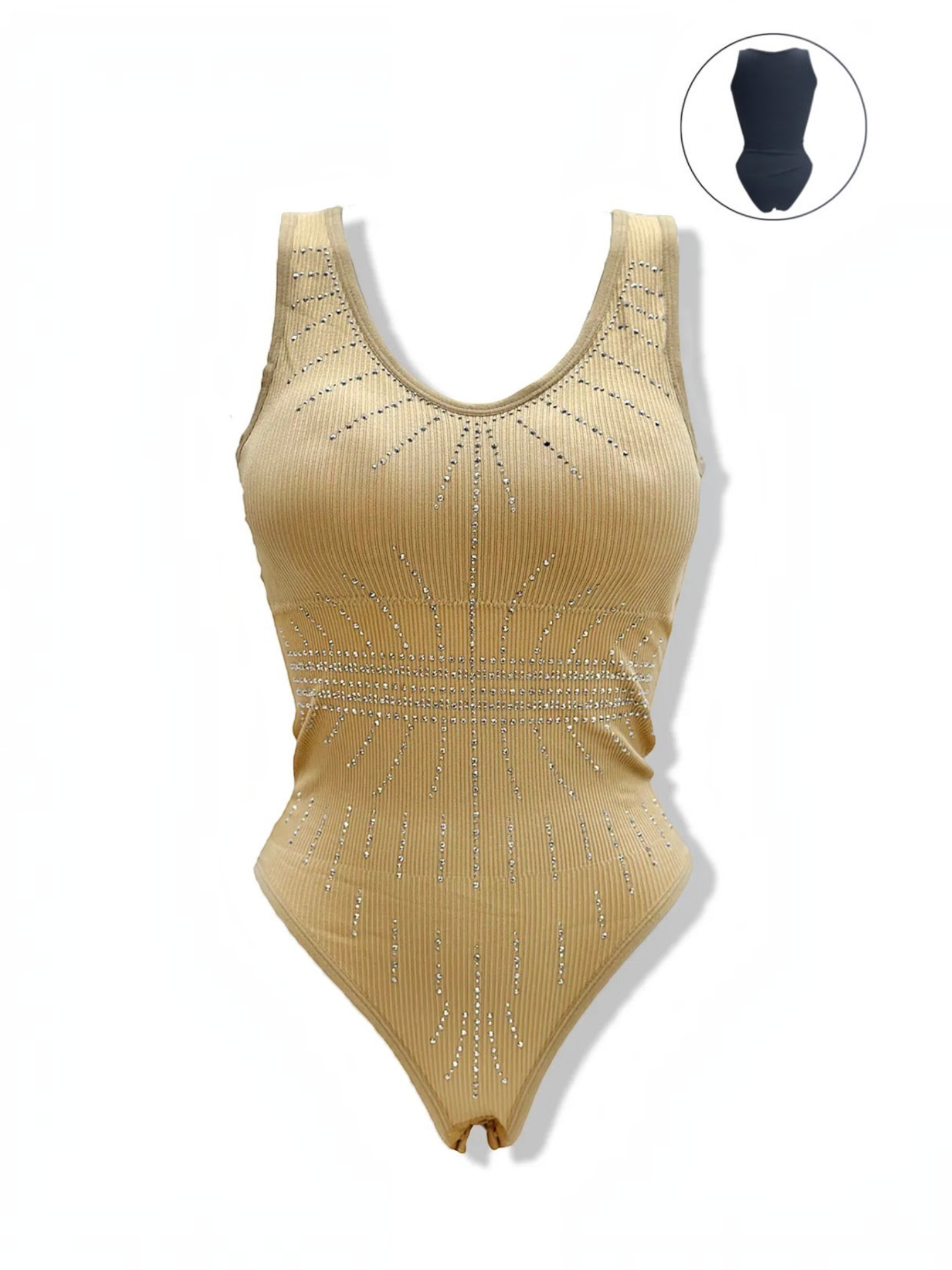 BROCK beige ribbed bodysuit by BELLE COM'ELLE featuring sparkling rhinestone embellishments and a flattering scoop neck.