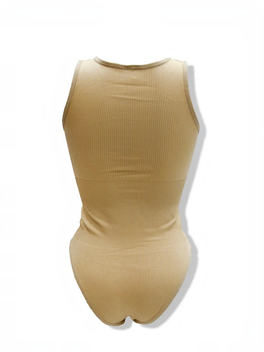 BROCK BELLE COM'ELLE beige ribbed bodysuit with high-cut leg and form-fitting silhouette, back view.