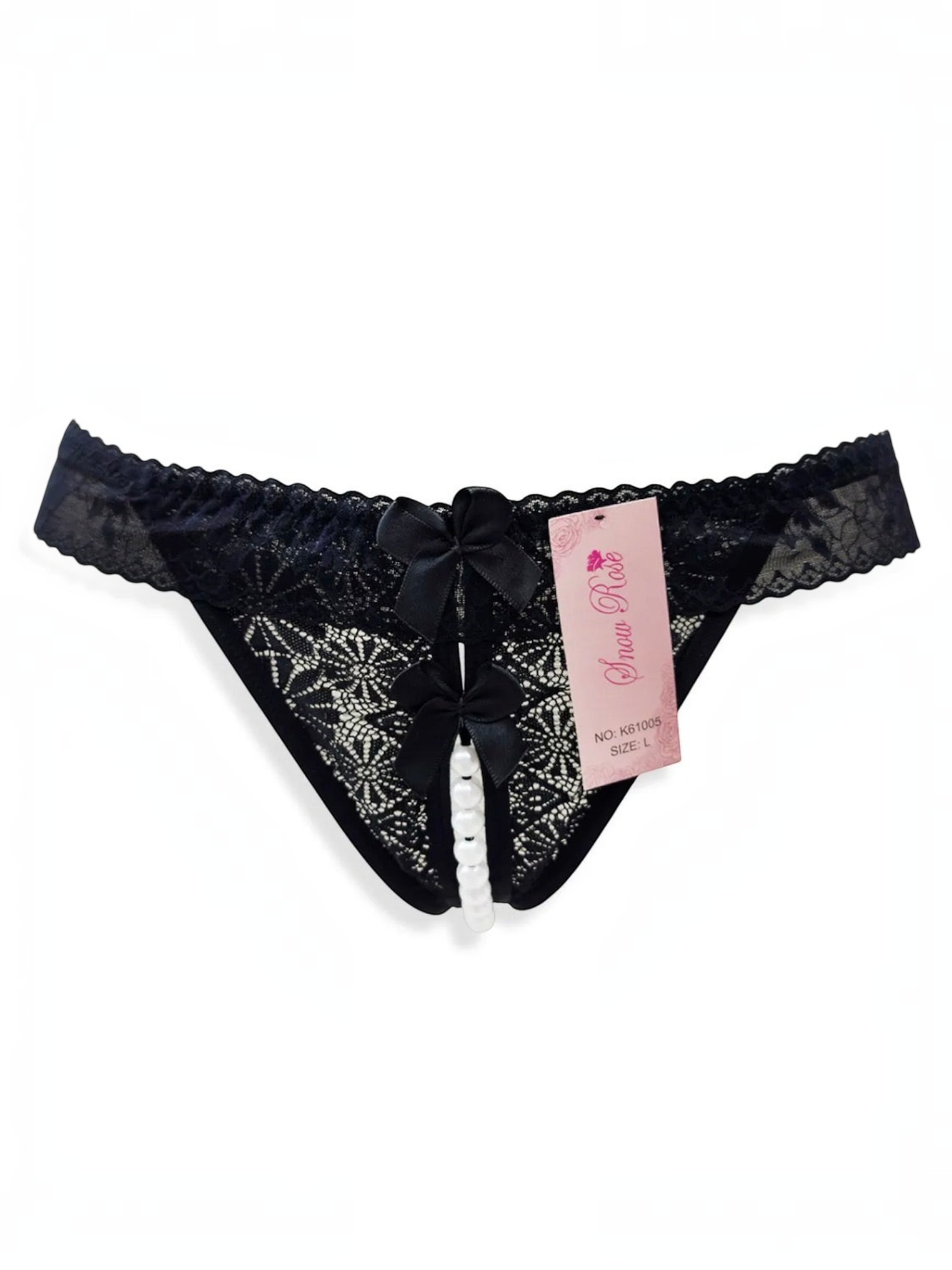 BROCK BELLE COM'ELLE black lace thong with decorative white pearls and small bows on a white background