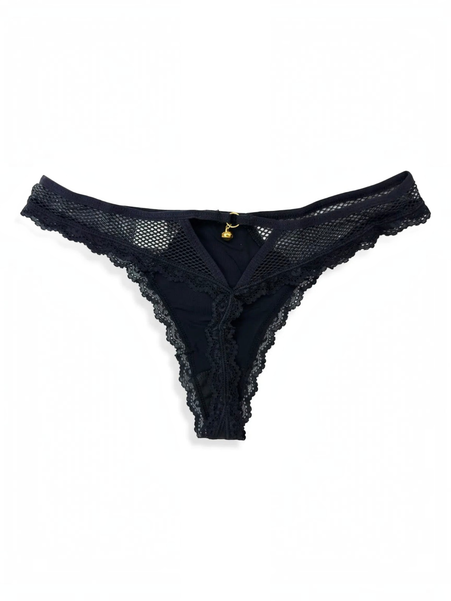 BROCK BELLE COM'ELLE black lace thong with mesh panels and a small gold charm detail