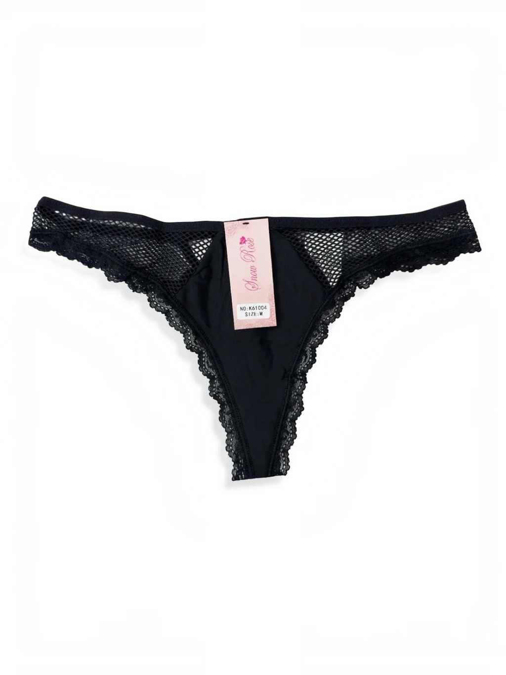 BROCK BELLE COM'ELLE black lace thong with fishnet mesh detailing and soft stretch fabric