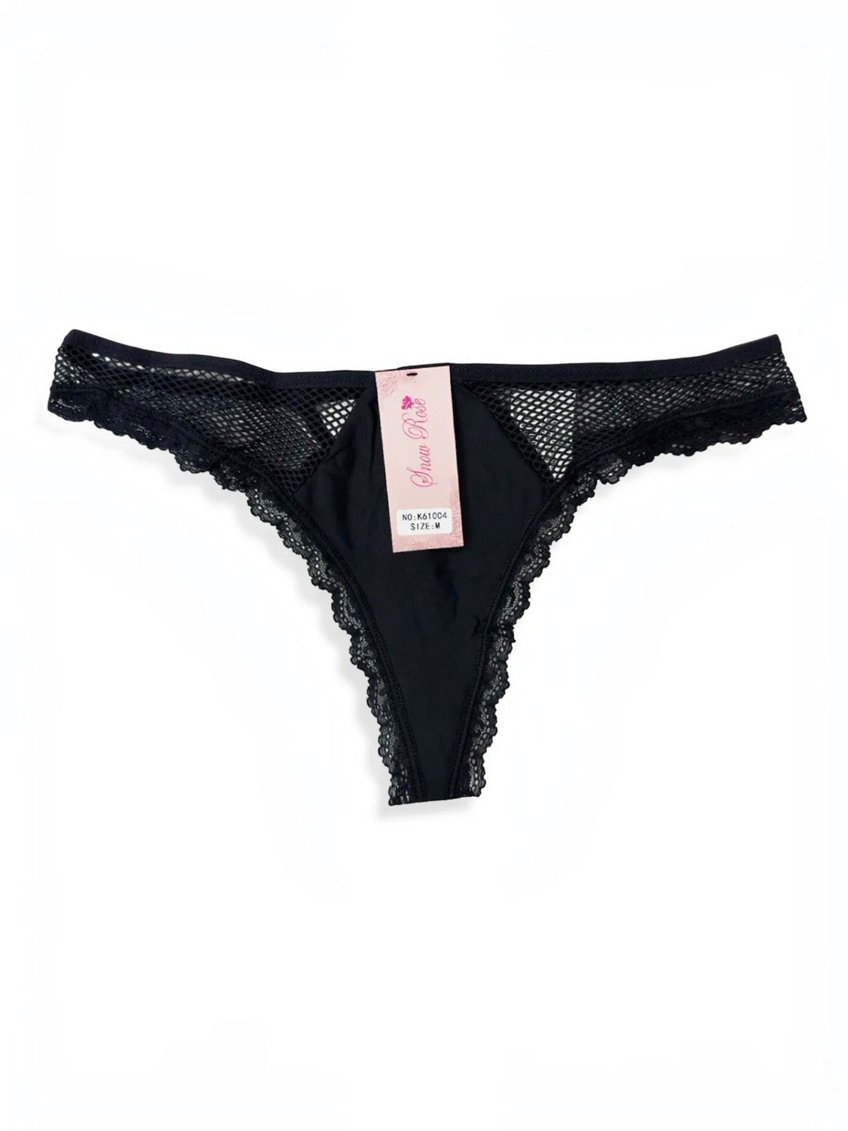 BROCK BELLE COM'ELLE black lace thong with fishnet mesh detailing and soft stretch fabric