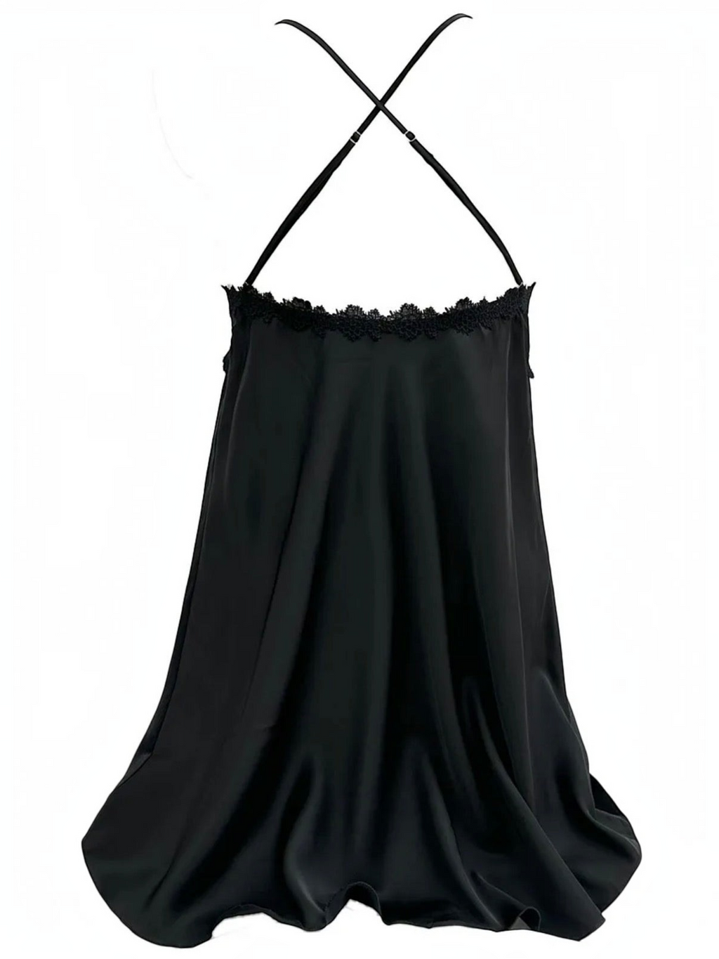 BROCK BELLE COM'ELLE black satin nightie with delicate lace trim and thin adjustable crisscross back straps