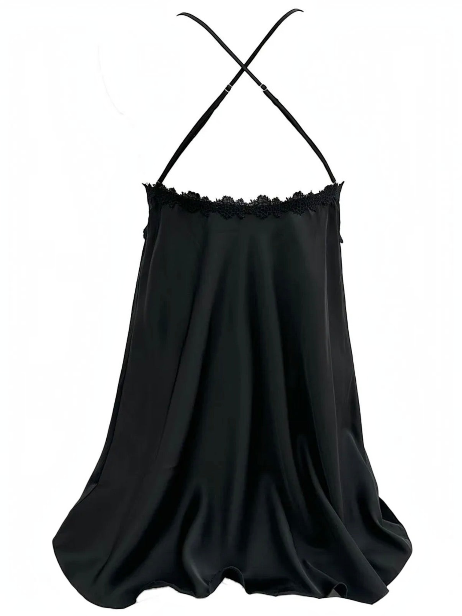 BROCK BELLE COM'ELLE black satin nightie with delicate lace trim and thin adjustable crisscross back straps