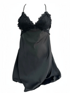 BROCK BELLE COM'ELLE black satin nightie with delicate lace trim and thin adjustable crisscross straps