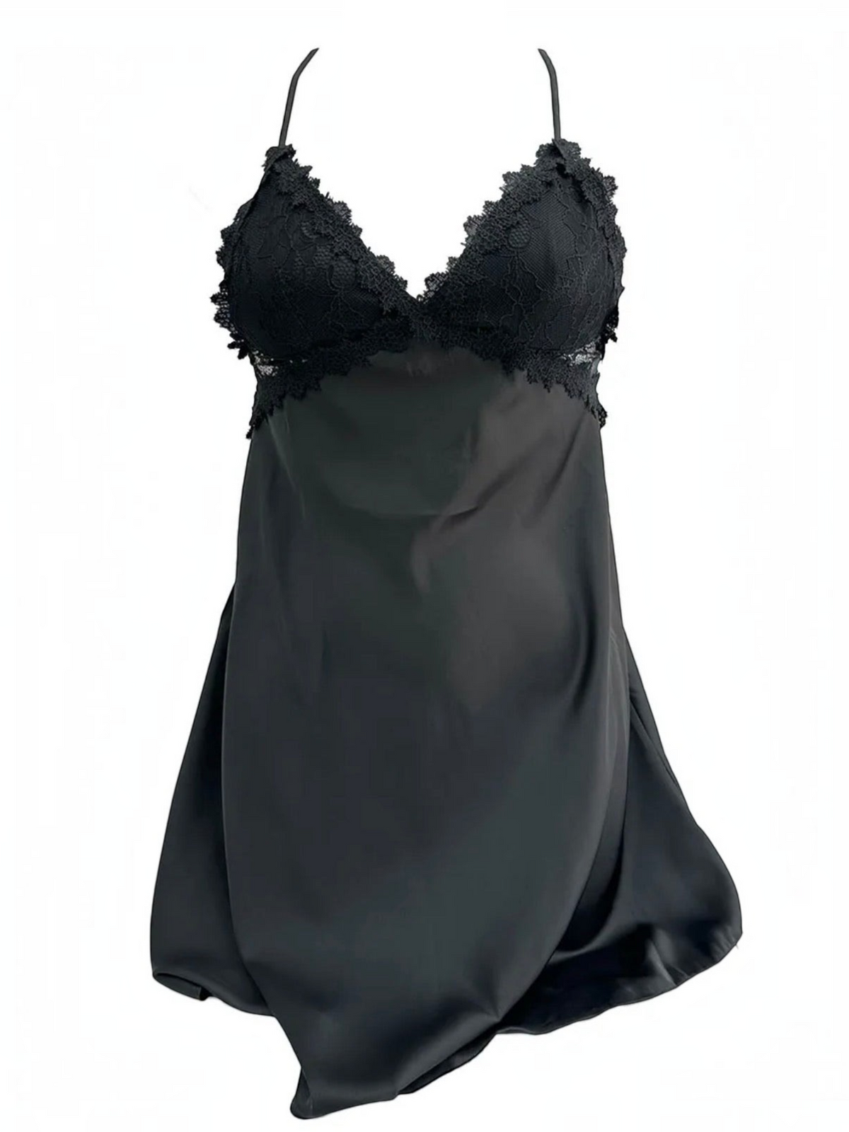 BROCK BELLE COM'ELLE black satin nightie with delicate lace trim and thin adjustable crisscross straps
