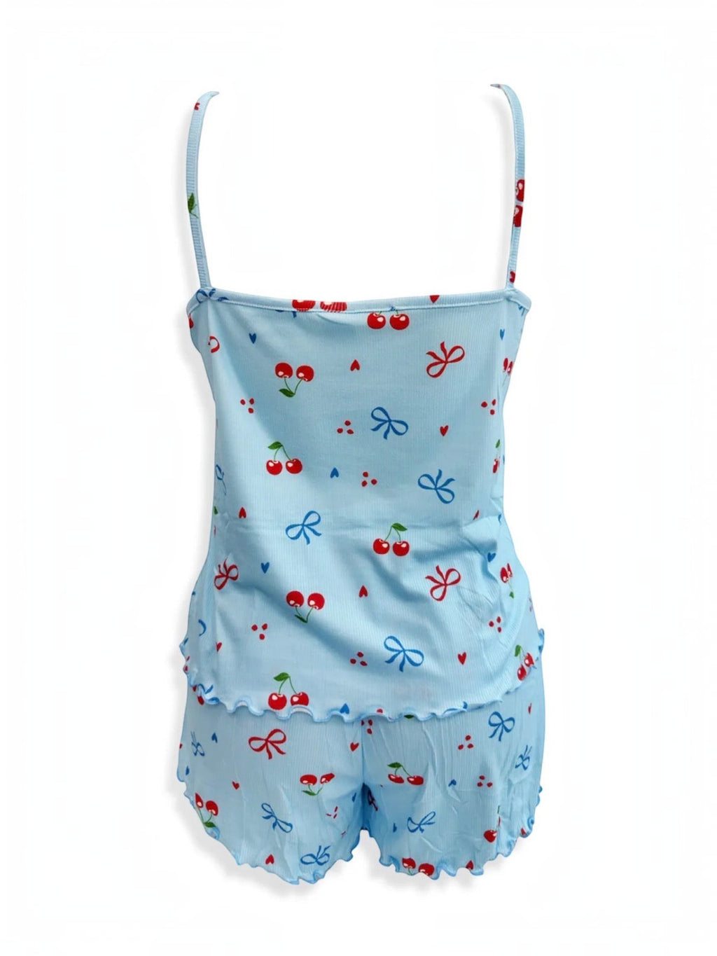 BROCK BELLE COM'ELLE light blue ribbed pajama set with cherry and bow print, featuring a camisole and matching shorts.