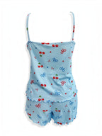 BROCK BELLE COM'ELLE light blue ribbed pajama set with cherry and bow print, featuring a camisole and matching shorts.