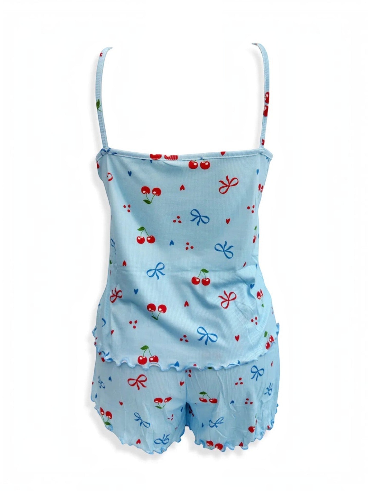 BROCK BELLE COM'ELLE light blue ribbed pajama set with cherry and bow print, featuring a camisole and matching shorts.