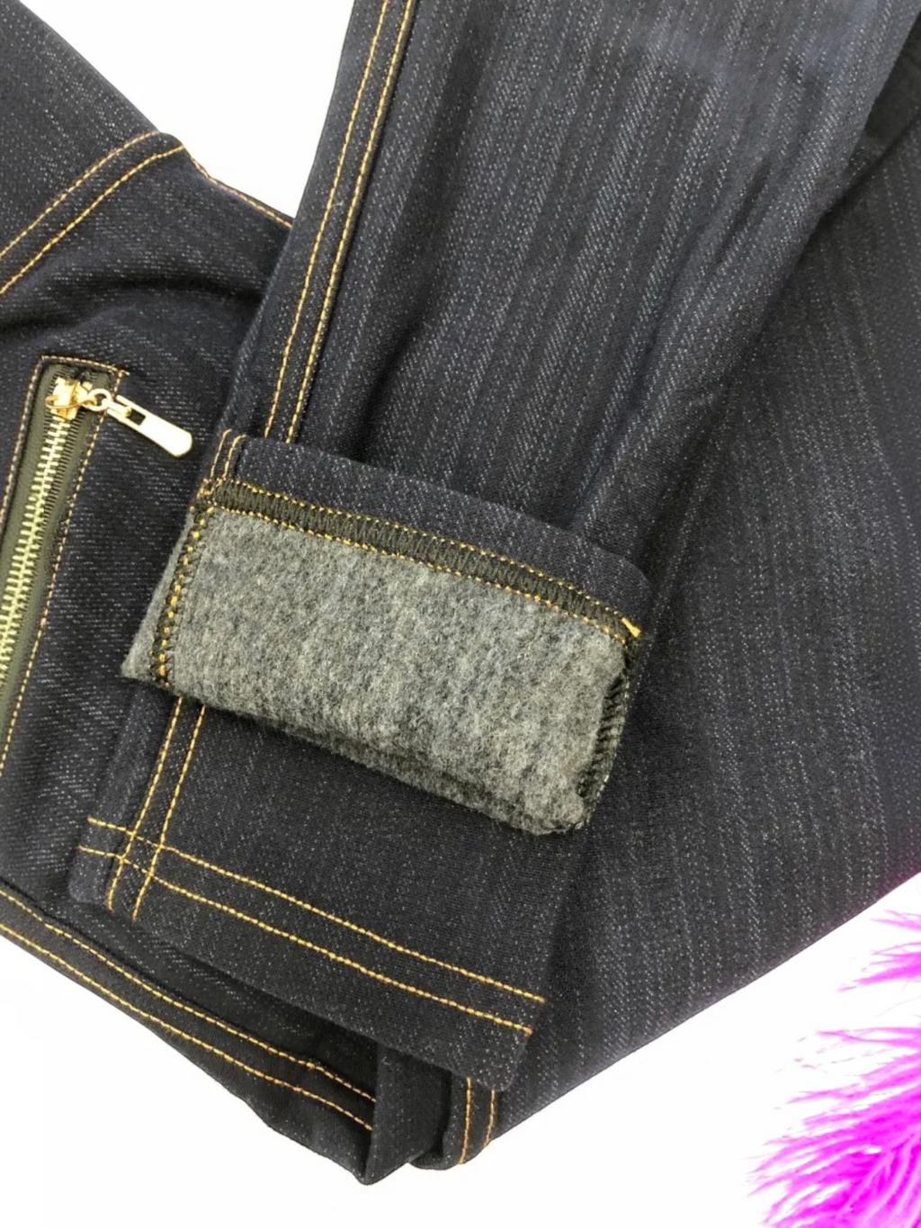 BROCK BELLE COM'ELLE dark denim leggings with gold zipper detail and warm grey fleece lining