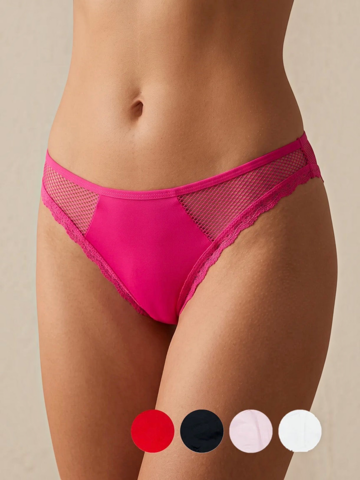BROCK BELLE COM'ELLE fuchsia pink stretch thong with mesh side panels and delicate lace trim
