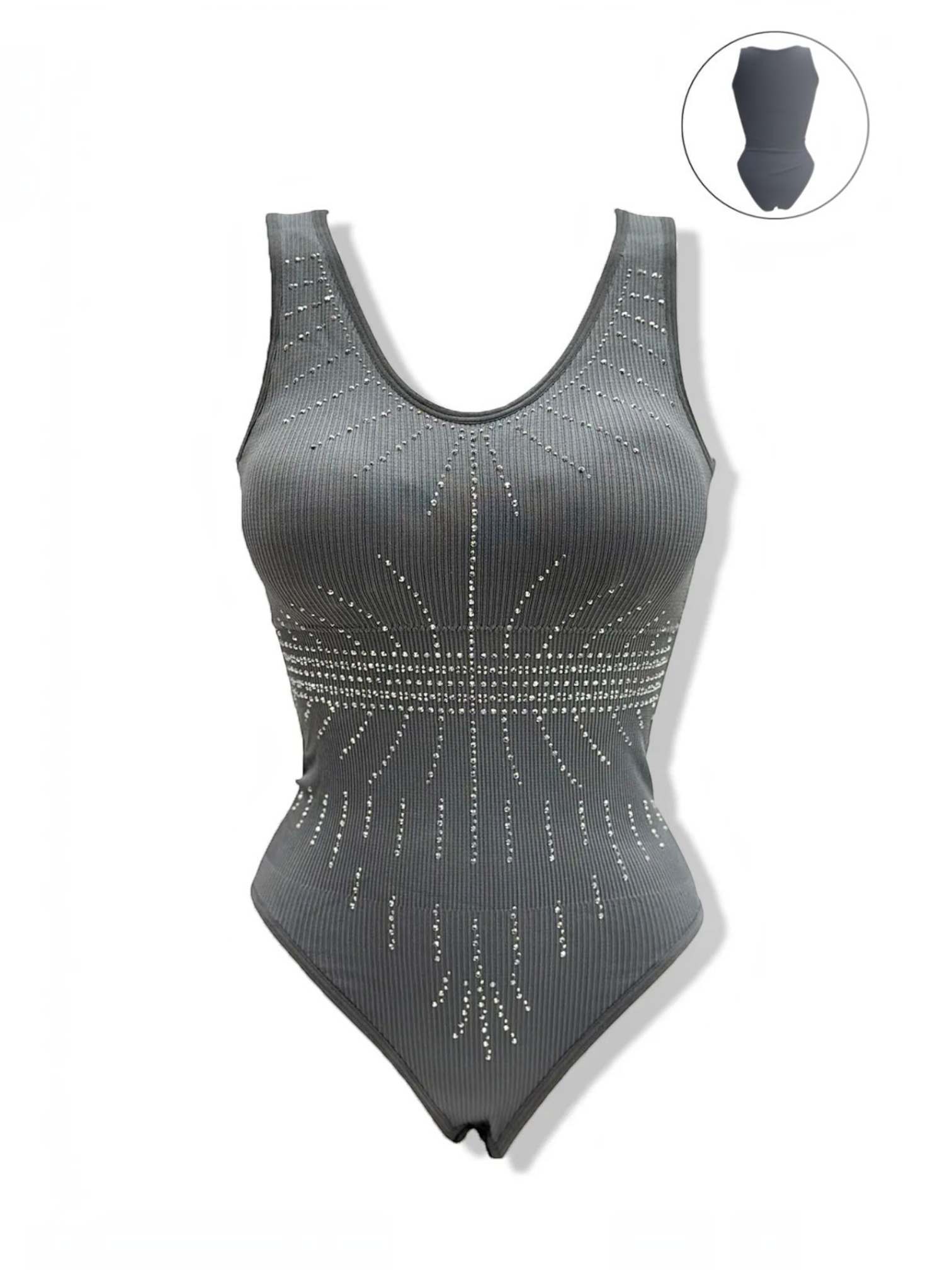 BROCK BELLE COM'ELLE grey ribbed bodysuit with sparkling rhinestone embellishments and a flattering scoop neckline.