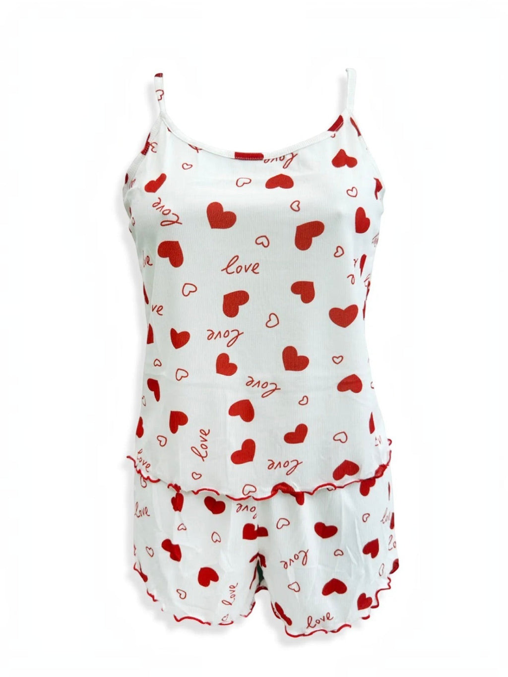 BROCK BELLE COM'ELLE two-piece pajama set in white with red heart print, featuring a ribbed camisole and shorts.