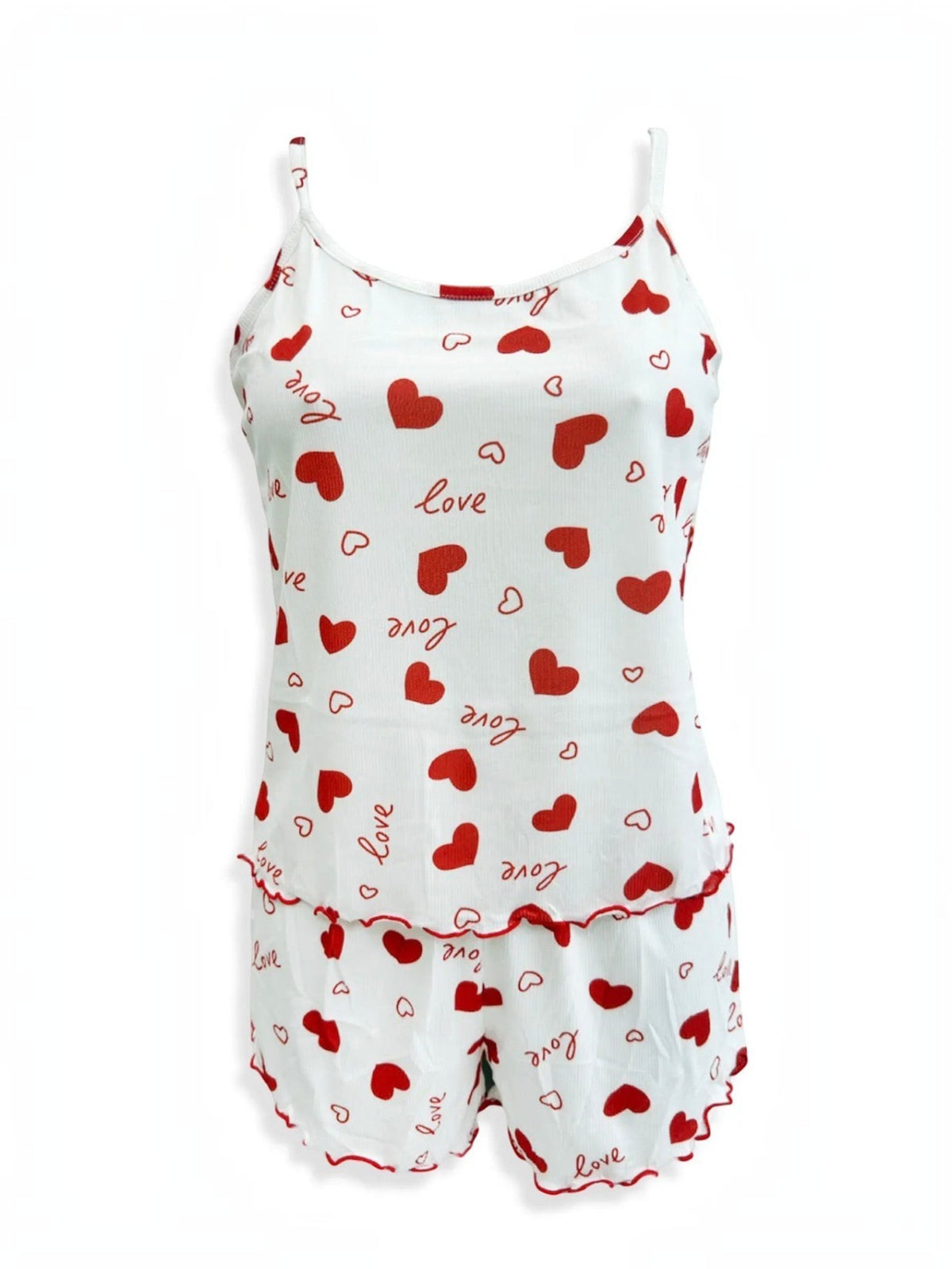 BROCK BELLE COM'ELLE two-piece pajama set in white with red heart print, featuring a ribbed camisole and shorts.