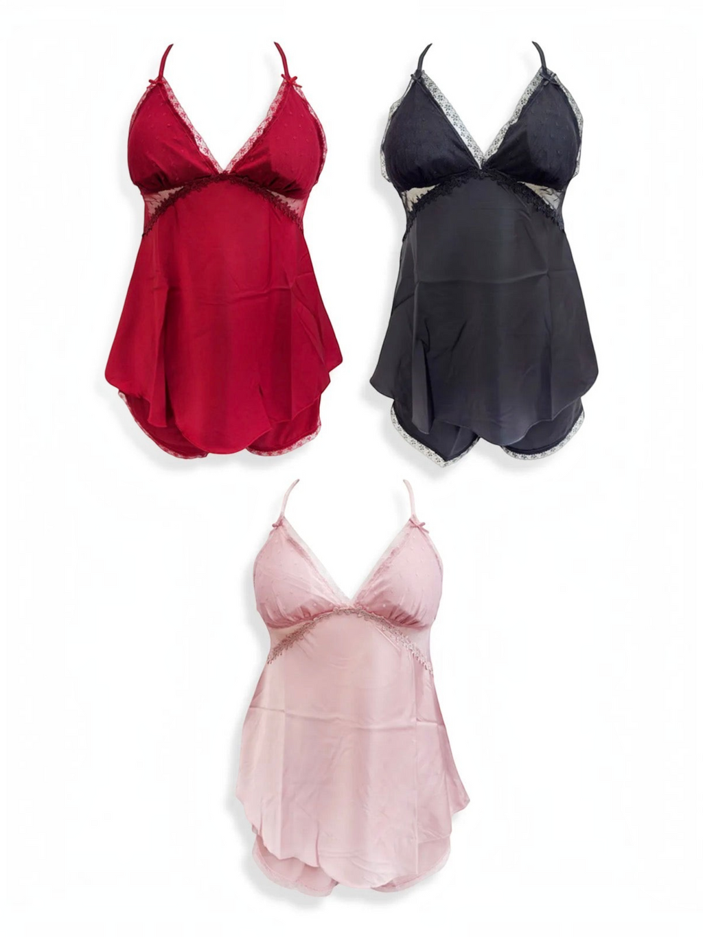 BROCK BELLE COM'ELLE pajama sets in red, black, and pink with camisole tops and shorts featuring lace trim.