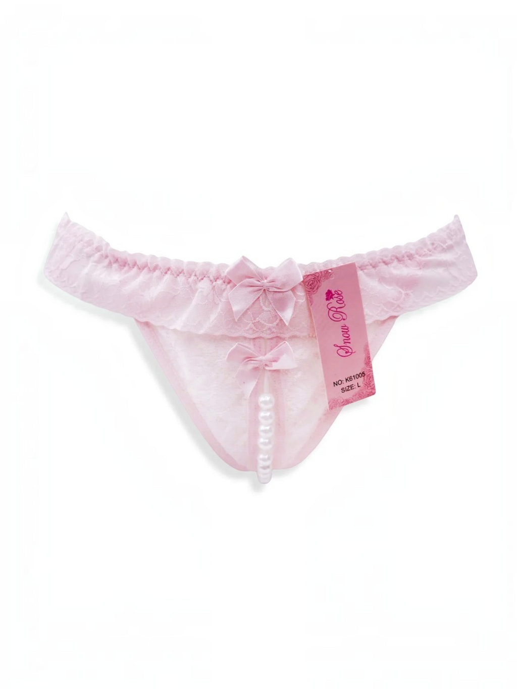 BROCK BELLE COM'ELLE light pink lace thong featuring decorative pearls and small satin bows on a white background.