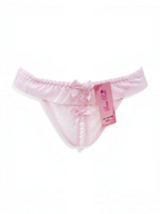 BROCK BELLE COM'ELLE light pink lace thong featuring decorative pearls and small satin bows on a white background.