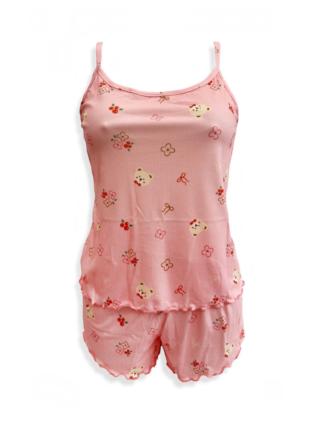 BROCK BELLE COM'ELLE pink ribbed pajama set with bear and flower print, featuring a camisole top and matching shorts.