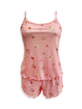 BROCK BELLE COM'ELLE pink ribbed pajama set with bear and flower print, featuring a camisole top and matching shorts.